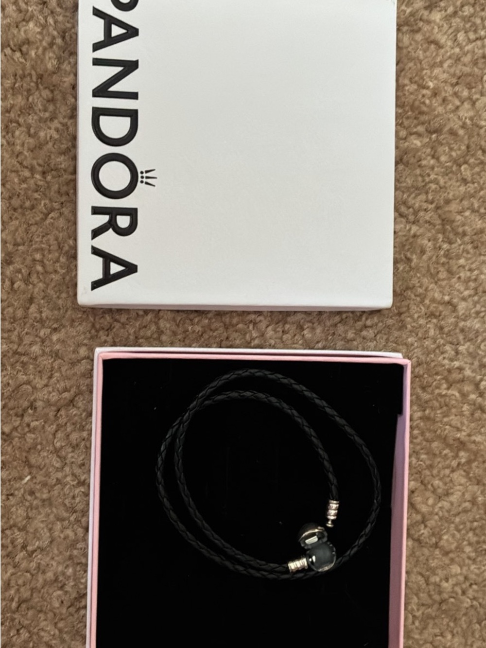 Pandora Black Braided Leather Double Wrap Bracelet with Silver Clasp and Bead